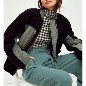 Free People Rivington Sherpa Jacket Black Olive Sz L NWT